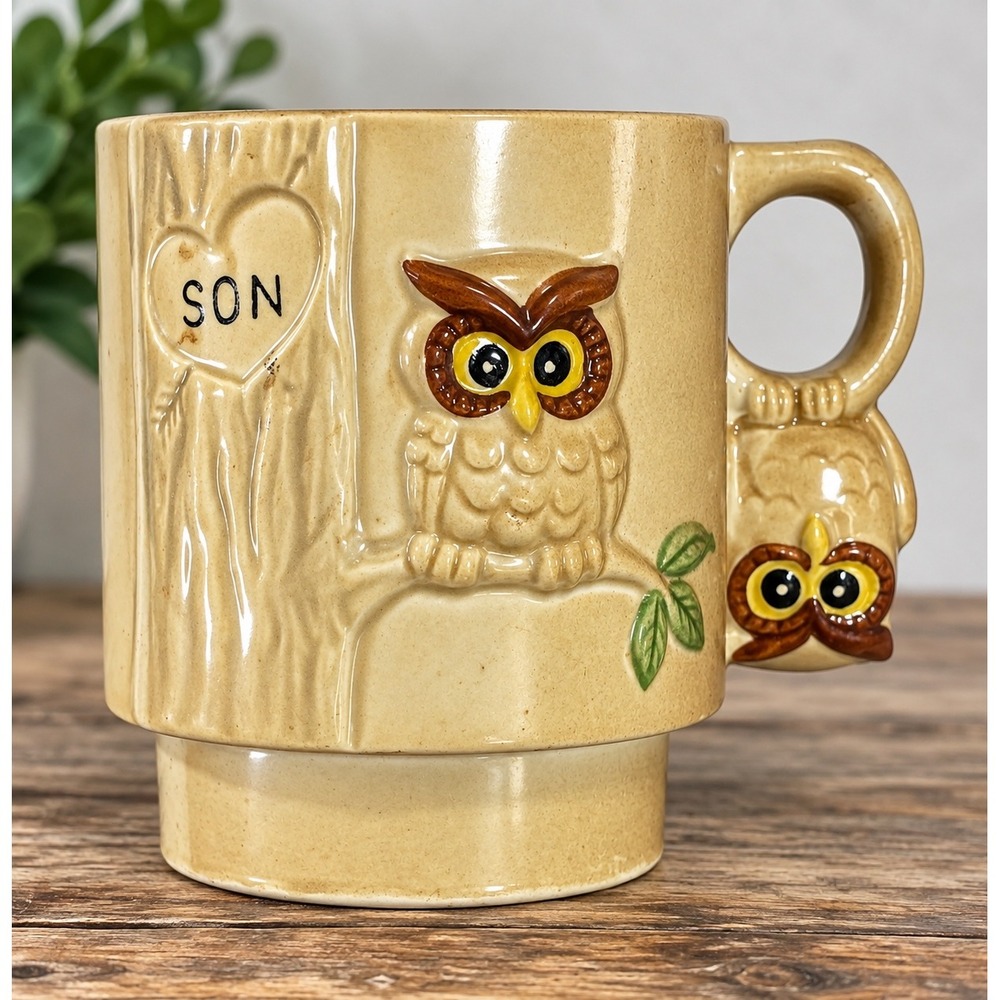 Vintage Enesco SON Owl Mug 3D Japan Kitschy Retro Coffee Tan 70's Cottagecore